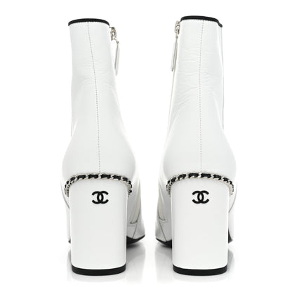 Chanel Laminated Lambskin Grosgrain Cap Toe Chain Short Boots 37.5 White Black 4 of 9