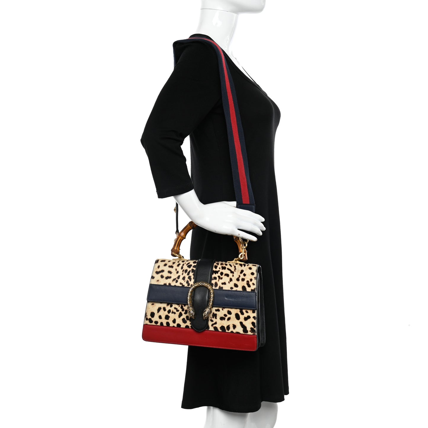 Calf Hair Calfskin Bamboo Web Leopard Print Medium Dionysus Top Handle Bag Natural Blue Agata Hibiscus Red