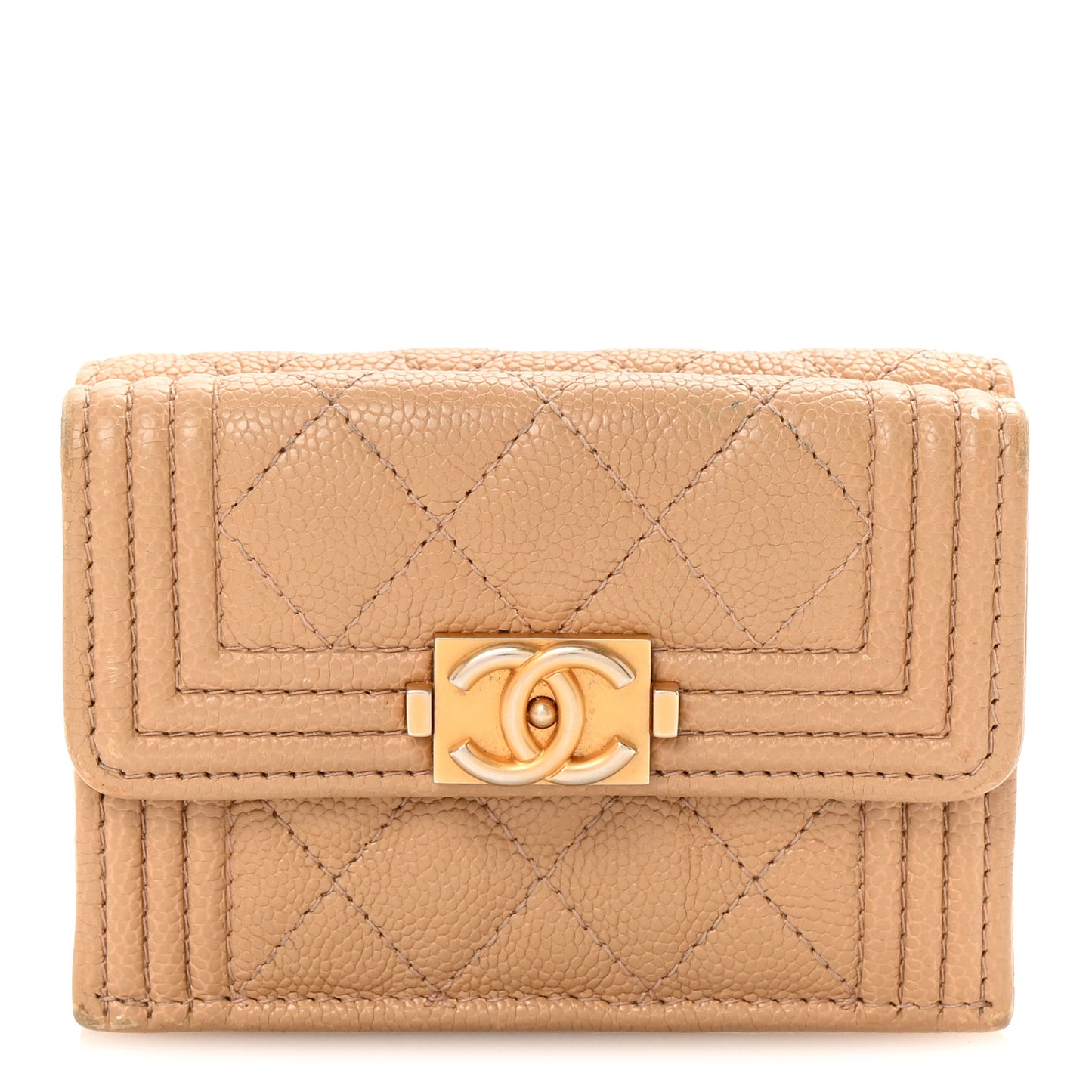 Caviar Quilted Small Boy Flap Wallet Beige