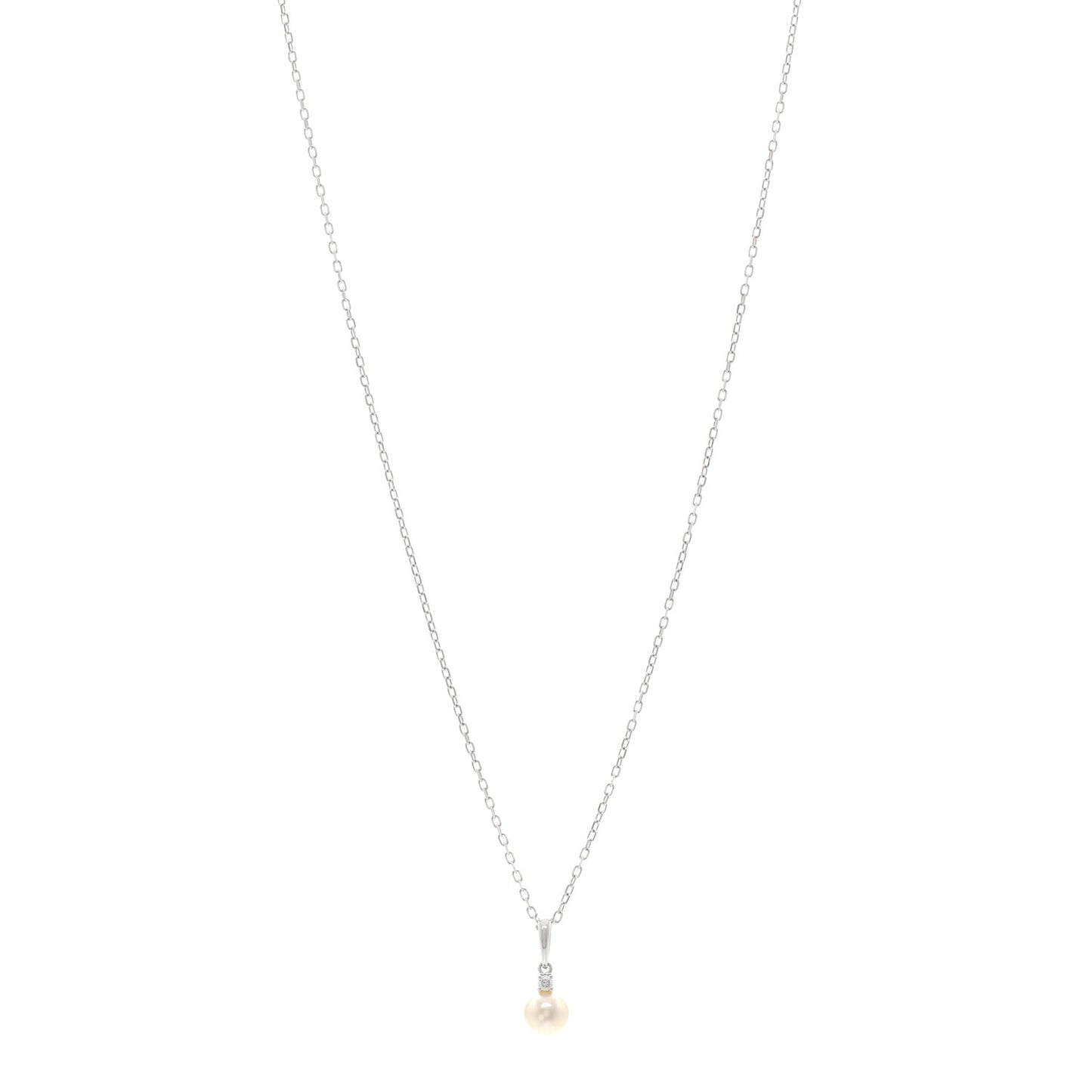 18K White Gold Diamond Akoya Cultured Pearl 6mm Drop Pendant Necklace