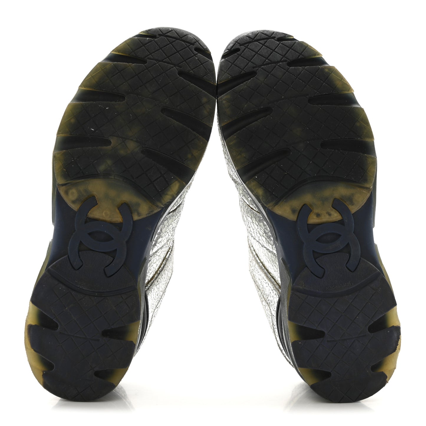 Metallic Crackled Calfskin CC Sneakers 36 Silver Black Navy