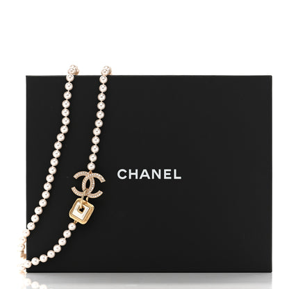Chanel Pearl Crystal CC Square Long Necklace Gold Pearly White 6 of 6