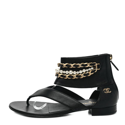 Chanel Lambskin Pearl Chain CC Thong Sandals 38 Black 1 of 8