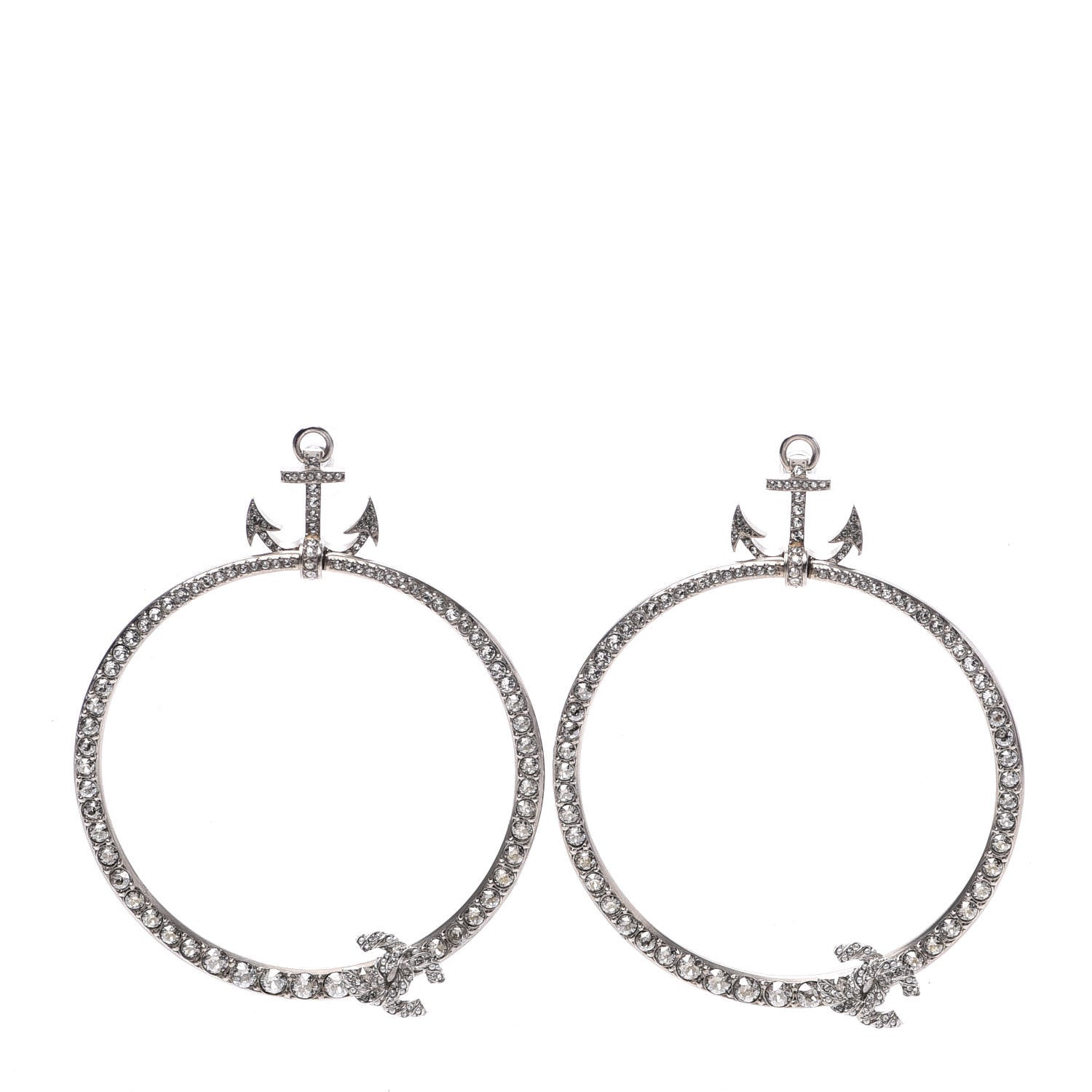 Chanel Crystal Anchor CC Hoop Earrings Silver 1 of 5