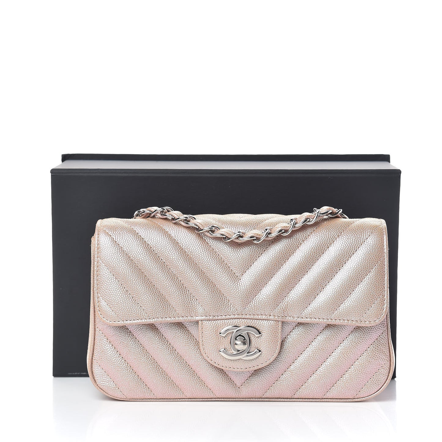 Iridescent Caviar Chevron Quilted Mini Rectangular Flap Light Gold