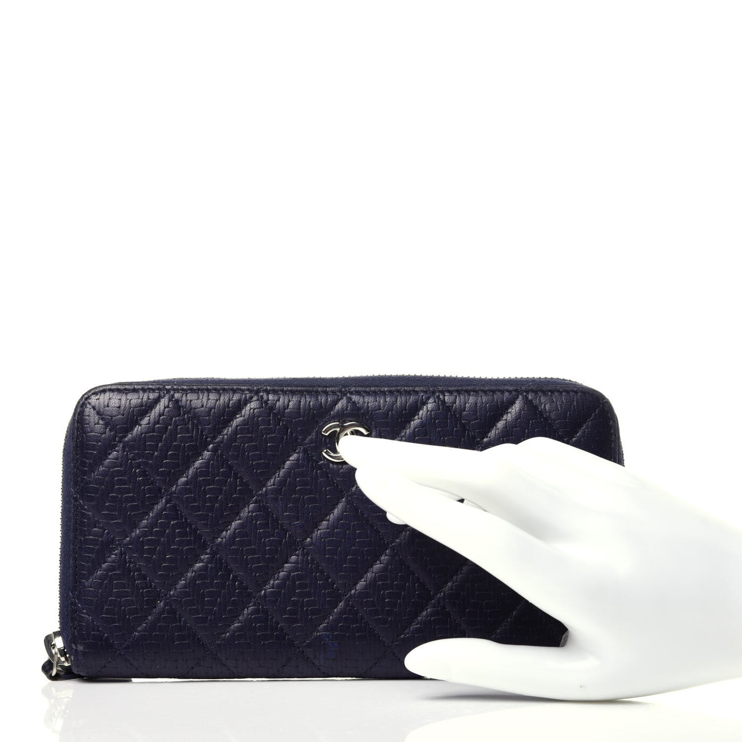 Woven Lambskin Quilted Large Zip Around Wallet Navy