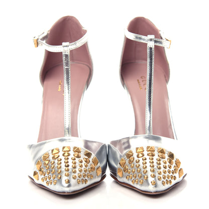 Gucci Metallic Calfskin Studded Cap Toe T Strap Pumps 35.5 Argento 2 of 9