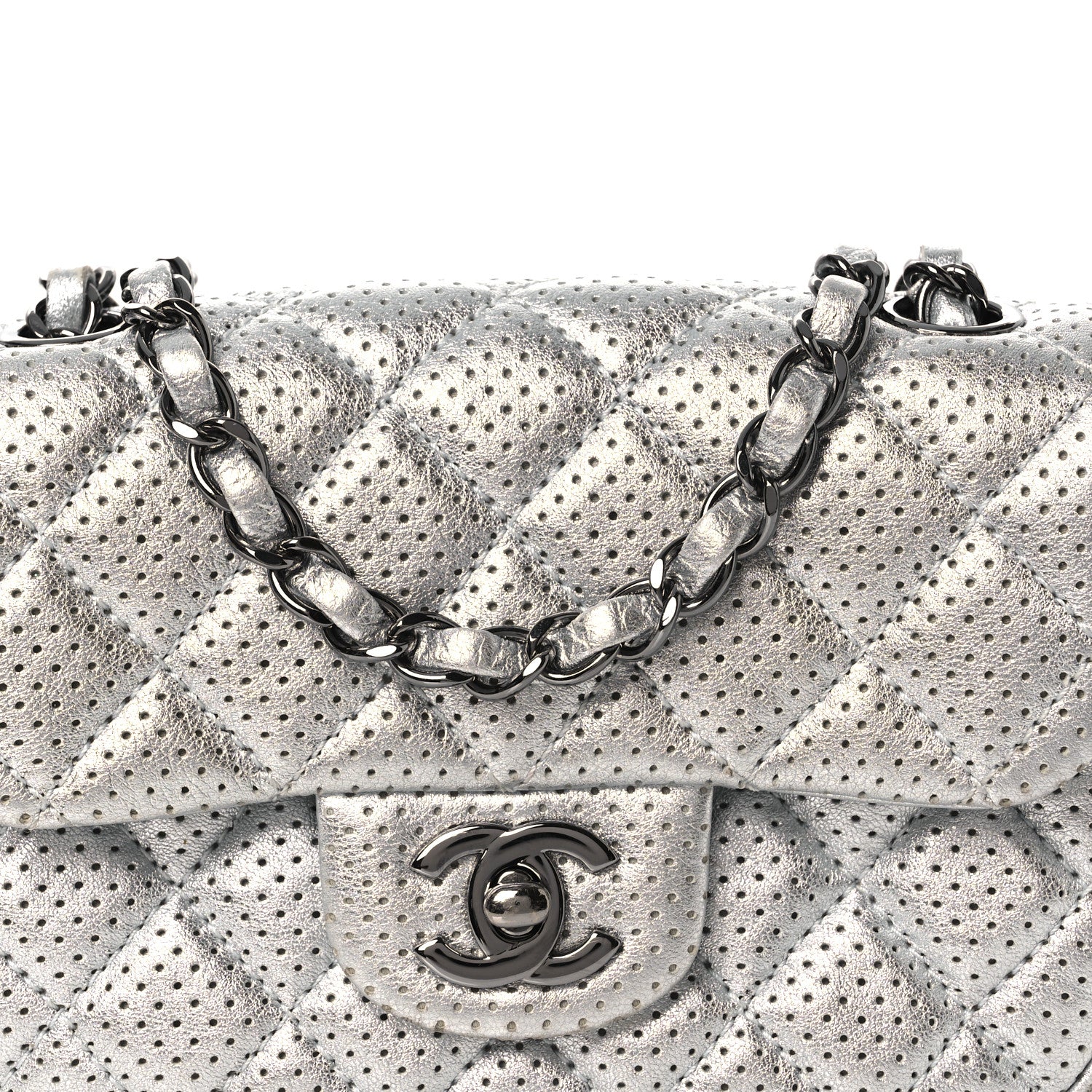 Chanel Metallic Lambskin Perforated Mini Rectangular Flap Silver