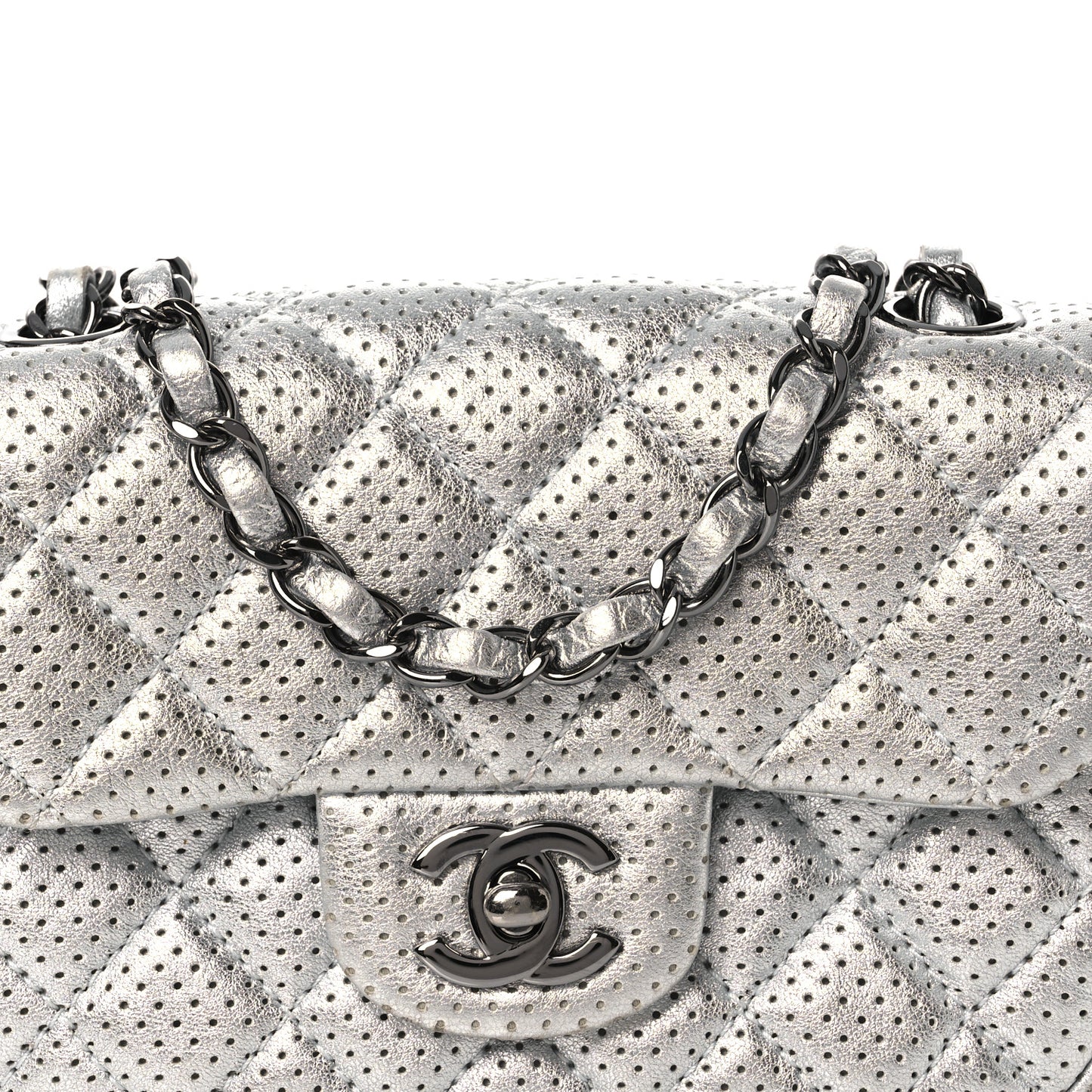 Metallic Lambskin Perforated Mini Rectangular Flap Silver