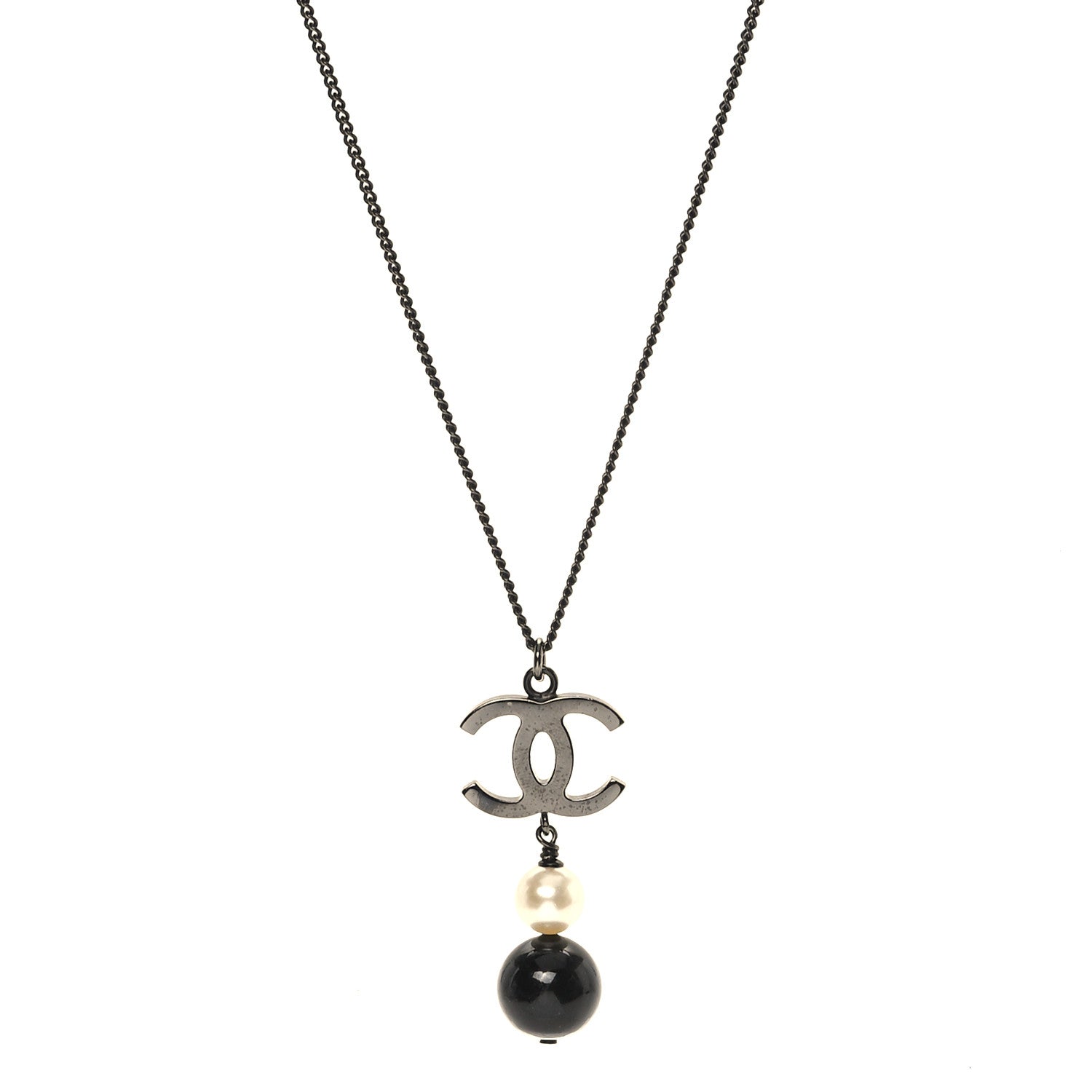 Chanel Ruthenium Pearl CC Drop Pendant Necklace Black 1 of 4
