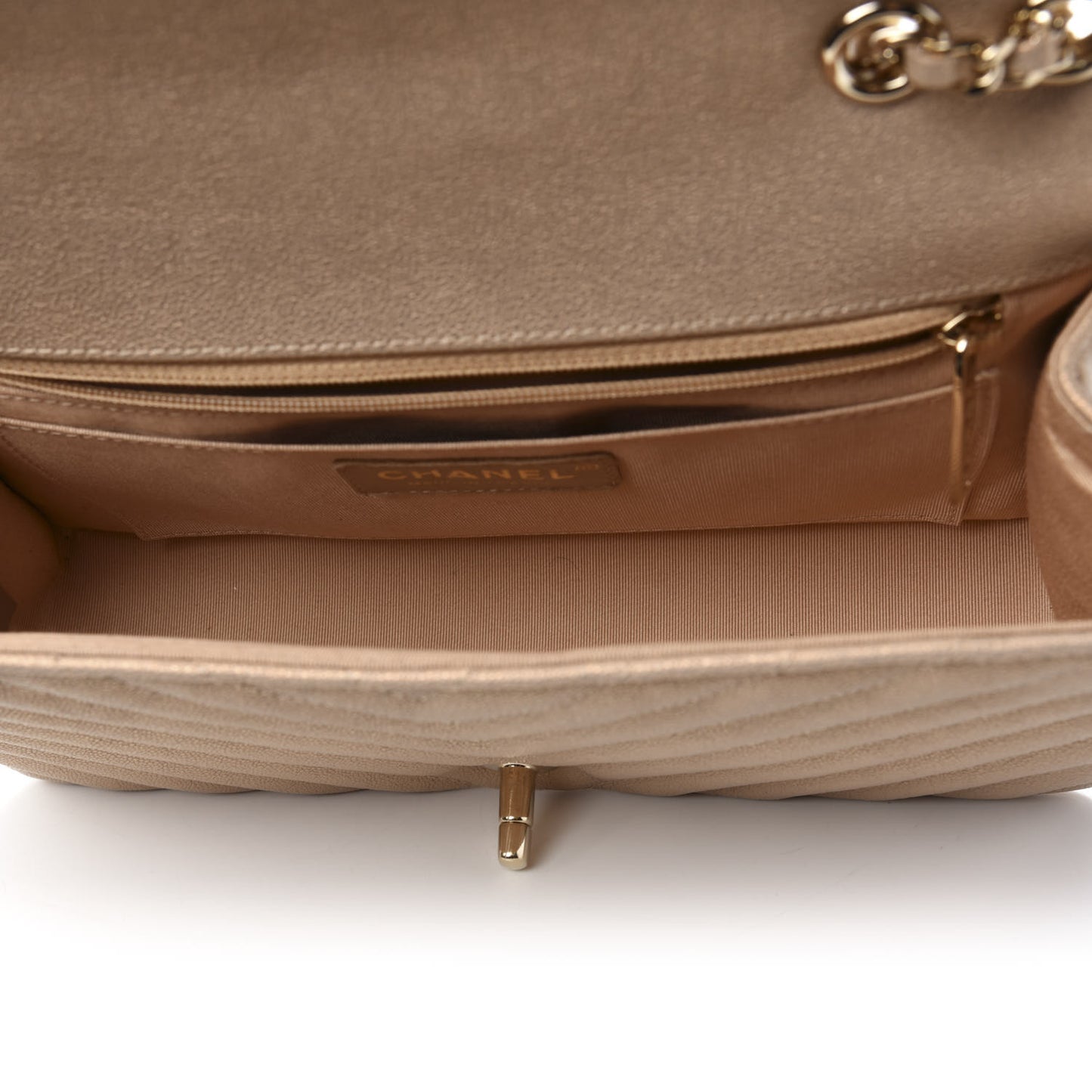 Metallic Caviar Chevron Quilted Medium Statement Flap Beige