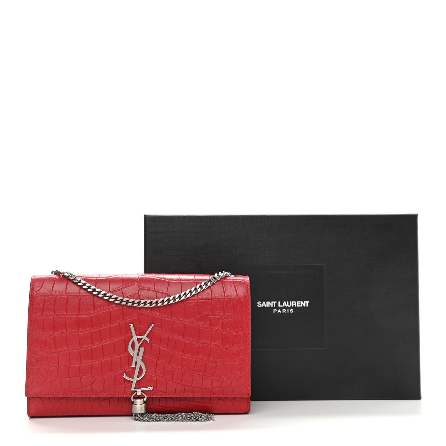 Calfskin Crocodile Embossed Medium Classic Monogram Kate Tassel Satchel Red