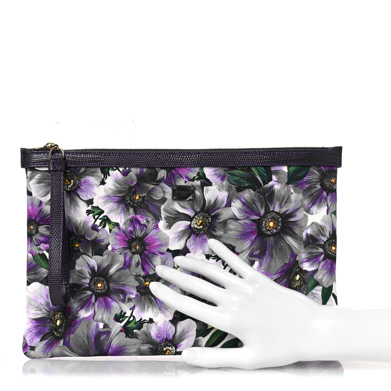 Dolce & Gabbana Canvas Vitello Iguana Embossed Anemone Print Pouch Purple 2 of 9