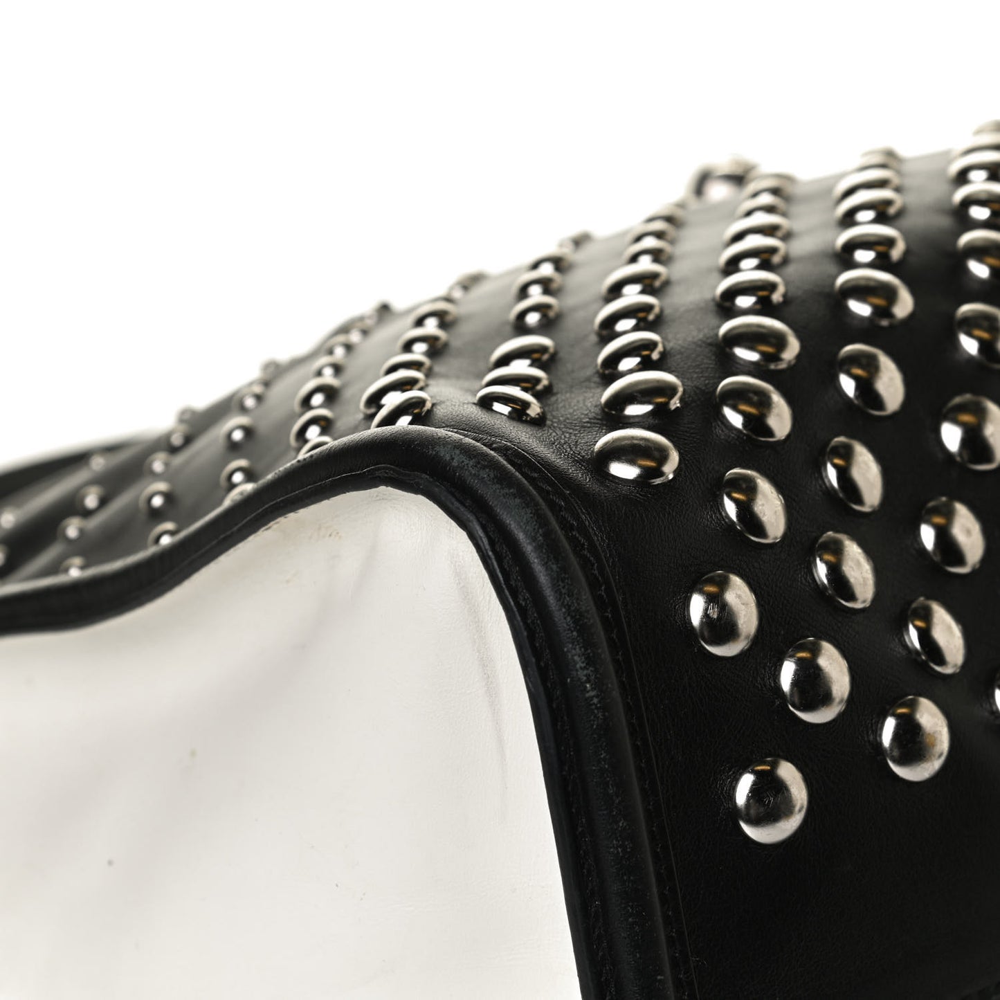 Calfskin Large Studded Padlock Zip Around Tote Black White