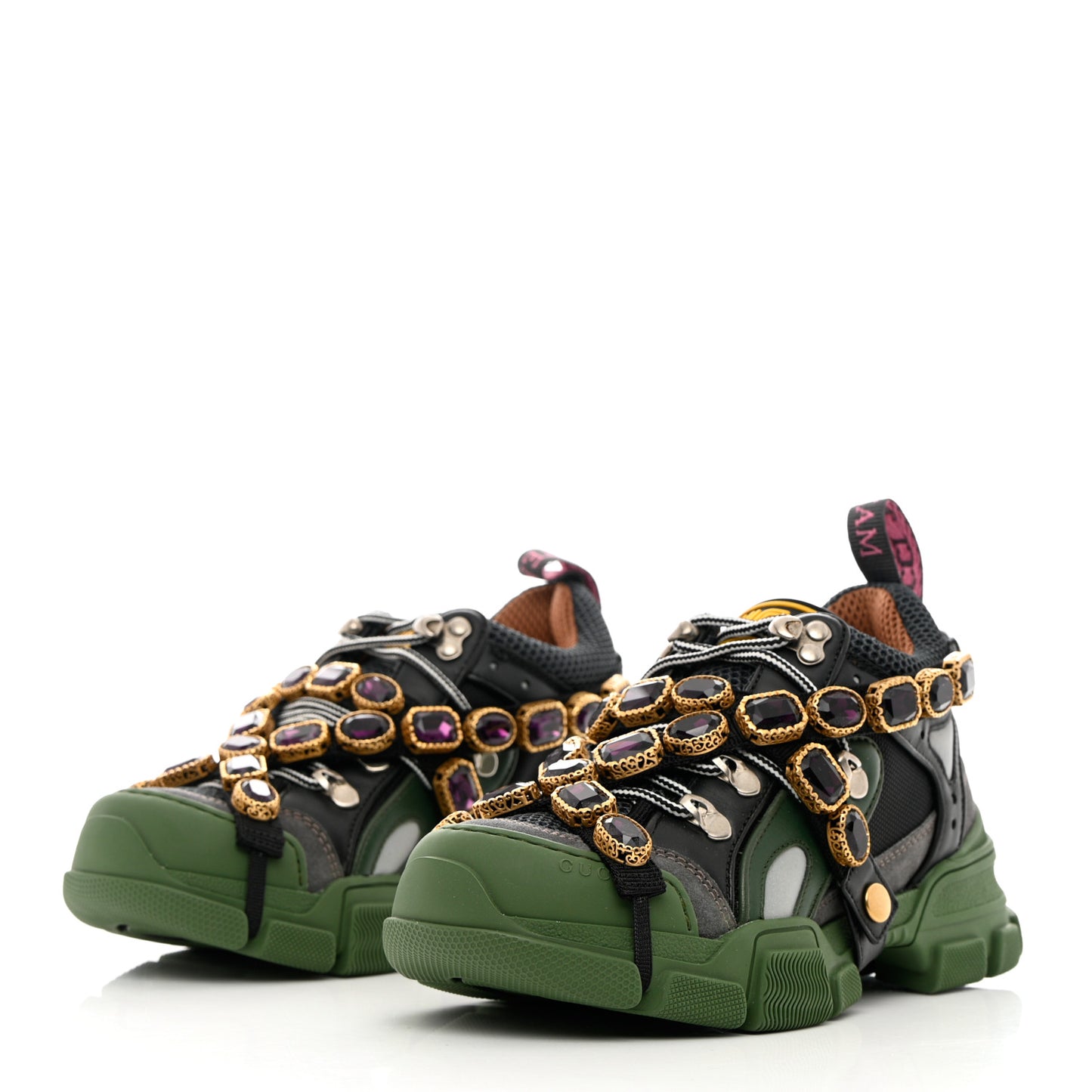 X SEGA Mesh Suede Calfskin Removable Crystals Flashtrek Sneakers 36 Loess Black Olive Green