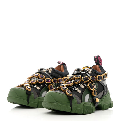 Gucci X SEGA Mesh Suede Calfskin Removable Crystals Flashtrek Sneakers 36 Loess Black Olive Green 3 of 8