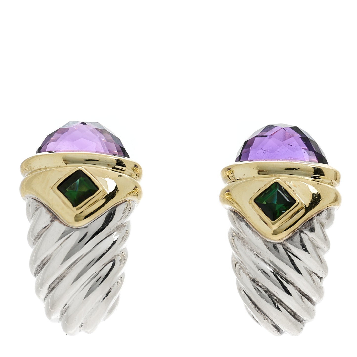 Sterling Silver 14K Yellow Gold Amethyst Green Tourmaline Shrimp Earrings