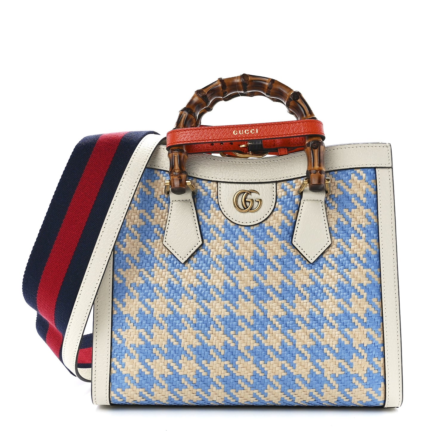 Raffia Textured Dollar Calfskin Web Houndstooth Small Diana Tote Bag Light Blue Natural Deep Orange