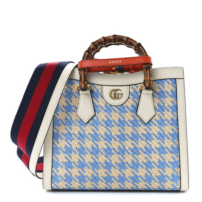 Gucci Raffia Textured Dollar Calfskin Web Houndstooth Small Diana Tote Bag Light Blue Natural Deep Orange 1 of 10