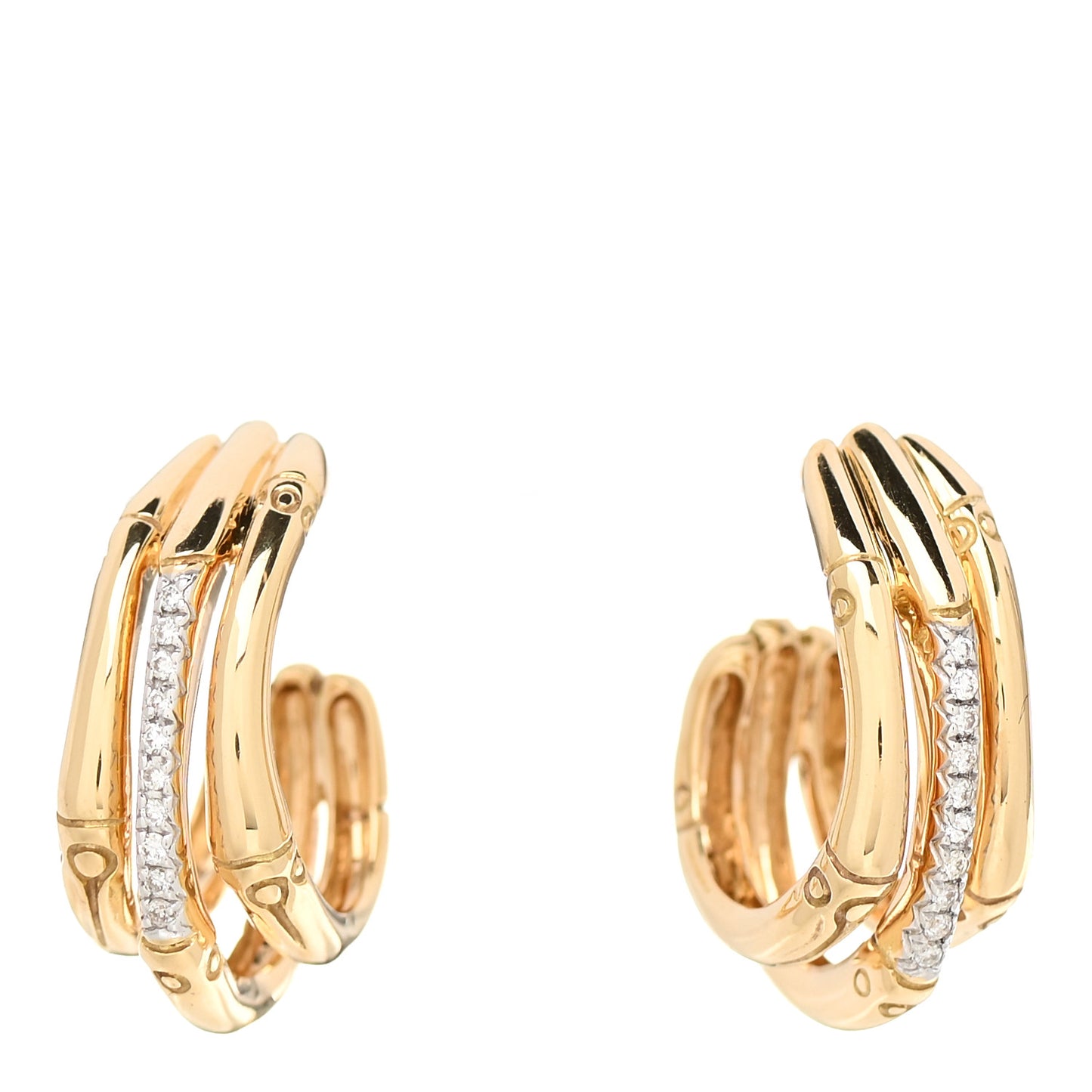 18K Yellow Gold Diamond Bamboo J Hoop Earrings