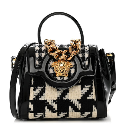Versace Patent Calfskin Tweed Houndstooth Medusa Small Top Handle Handbag Black White 1 of 12