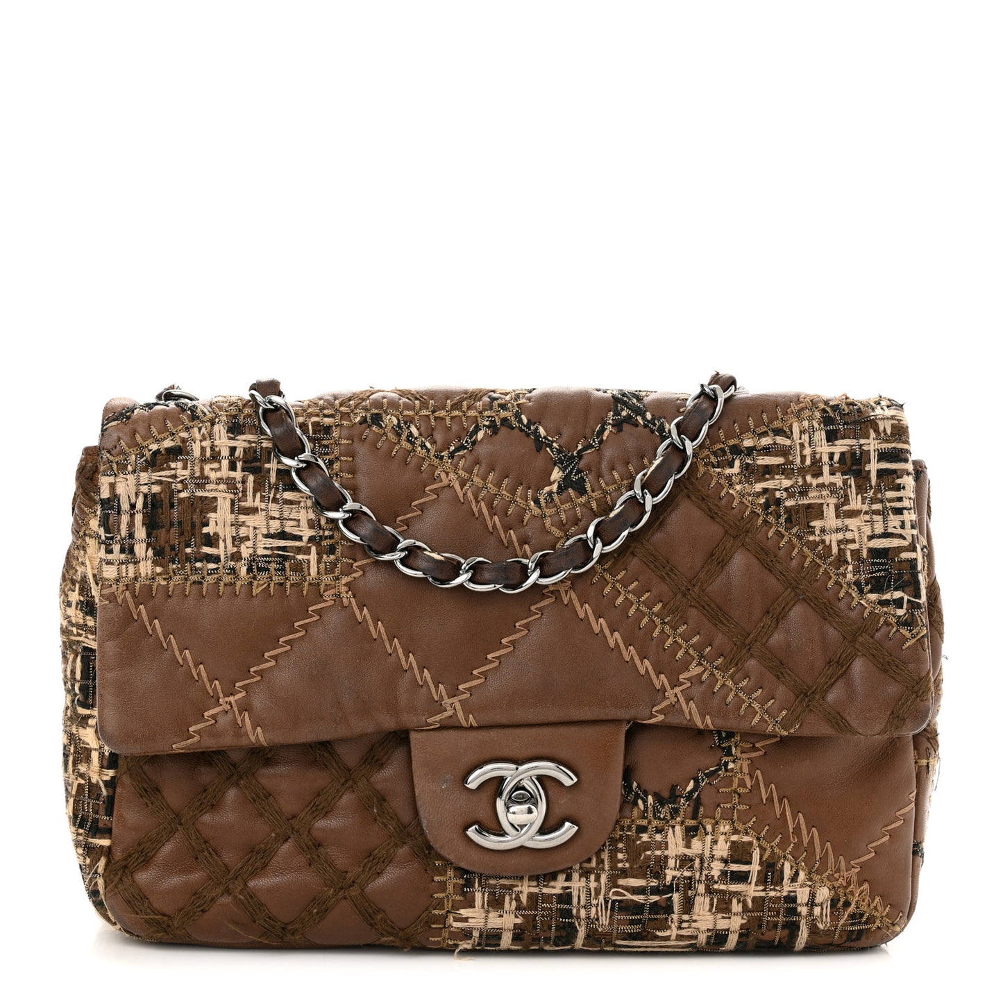 Lambskin Tweed Stitched Quilted Patch Medium Flap Brown