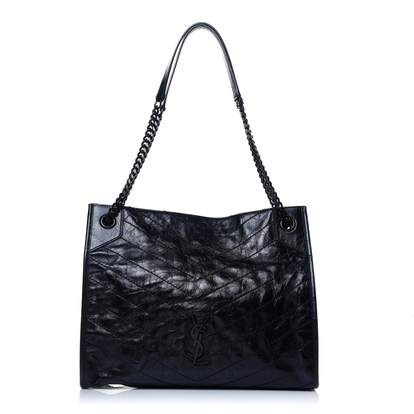 Crinkled Calfskin Matelasse Monogram Medium Niki Shopper Tote Black