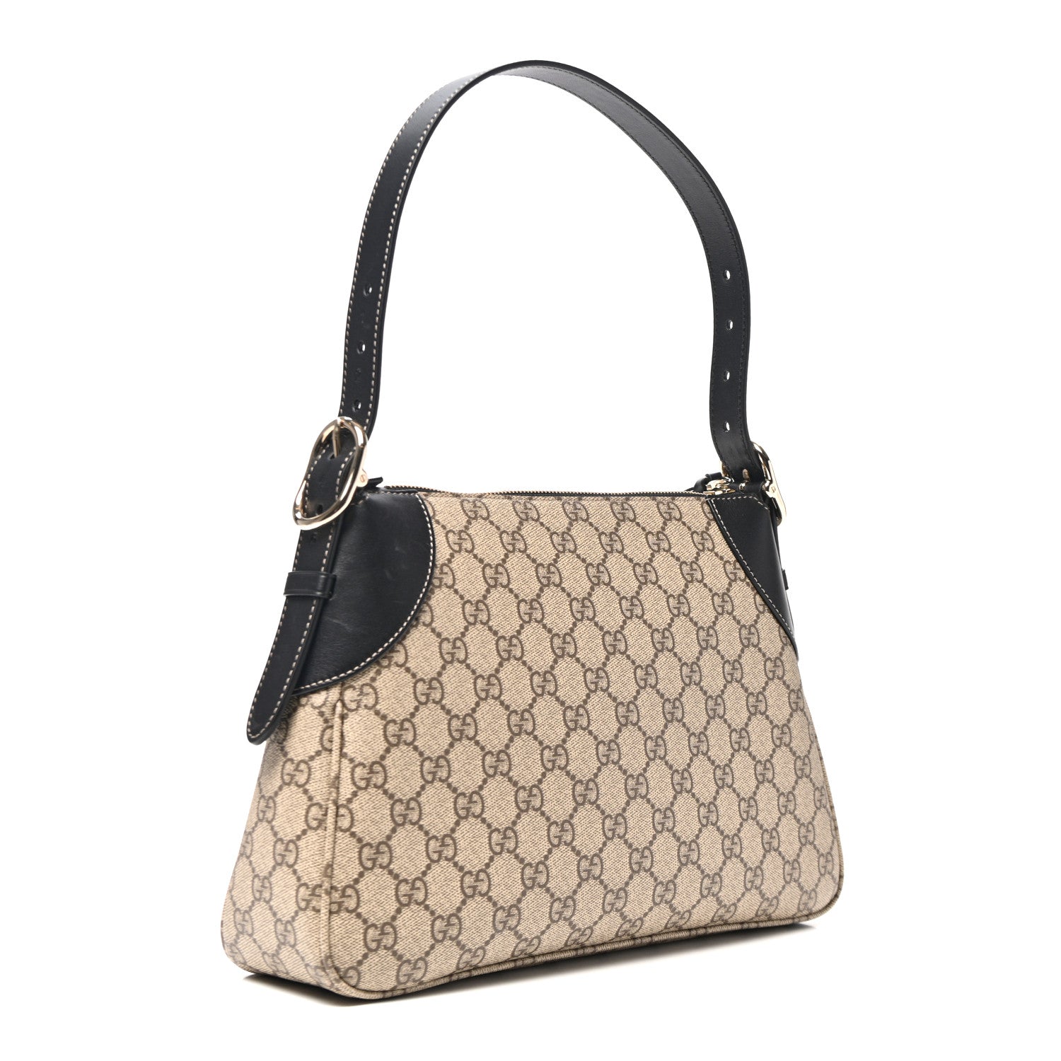 Gucci GG Supreme Monogram Textured Calfskin Medium Emblem Shoulder Bag Beige Dark Brown Black 3 of 10