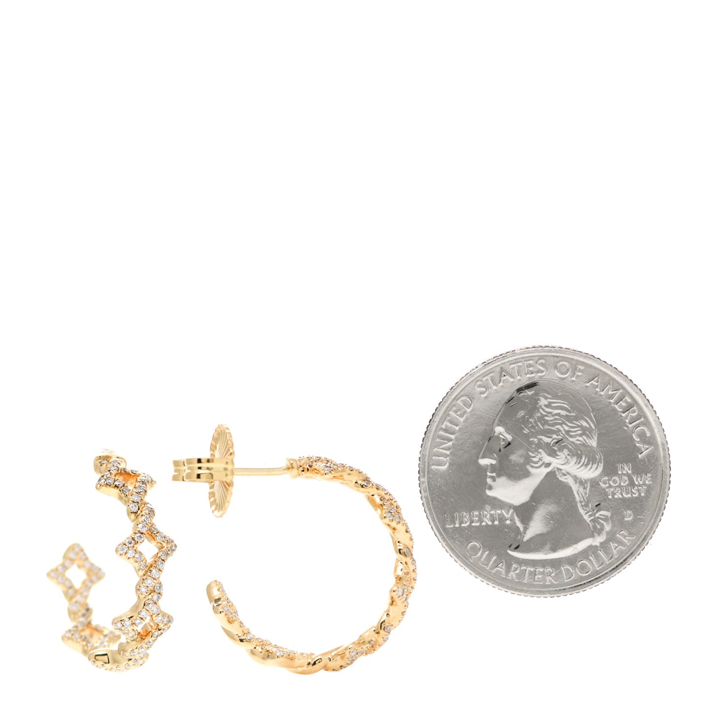 18K Yellow Gold Pave Diamond Small Venetian Quatrefoil Hoop Earrings