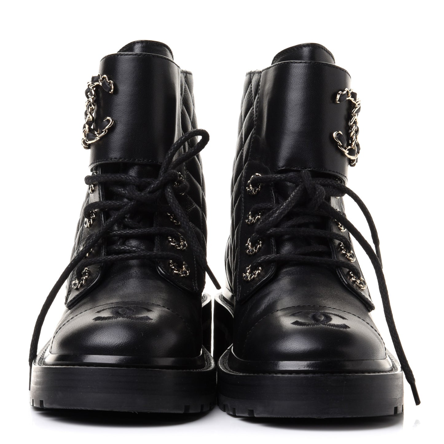 Shiny Lambskin Quilted Lace Up Combat Boots 36 Black