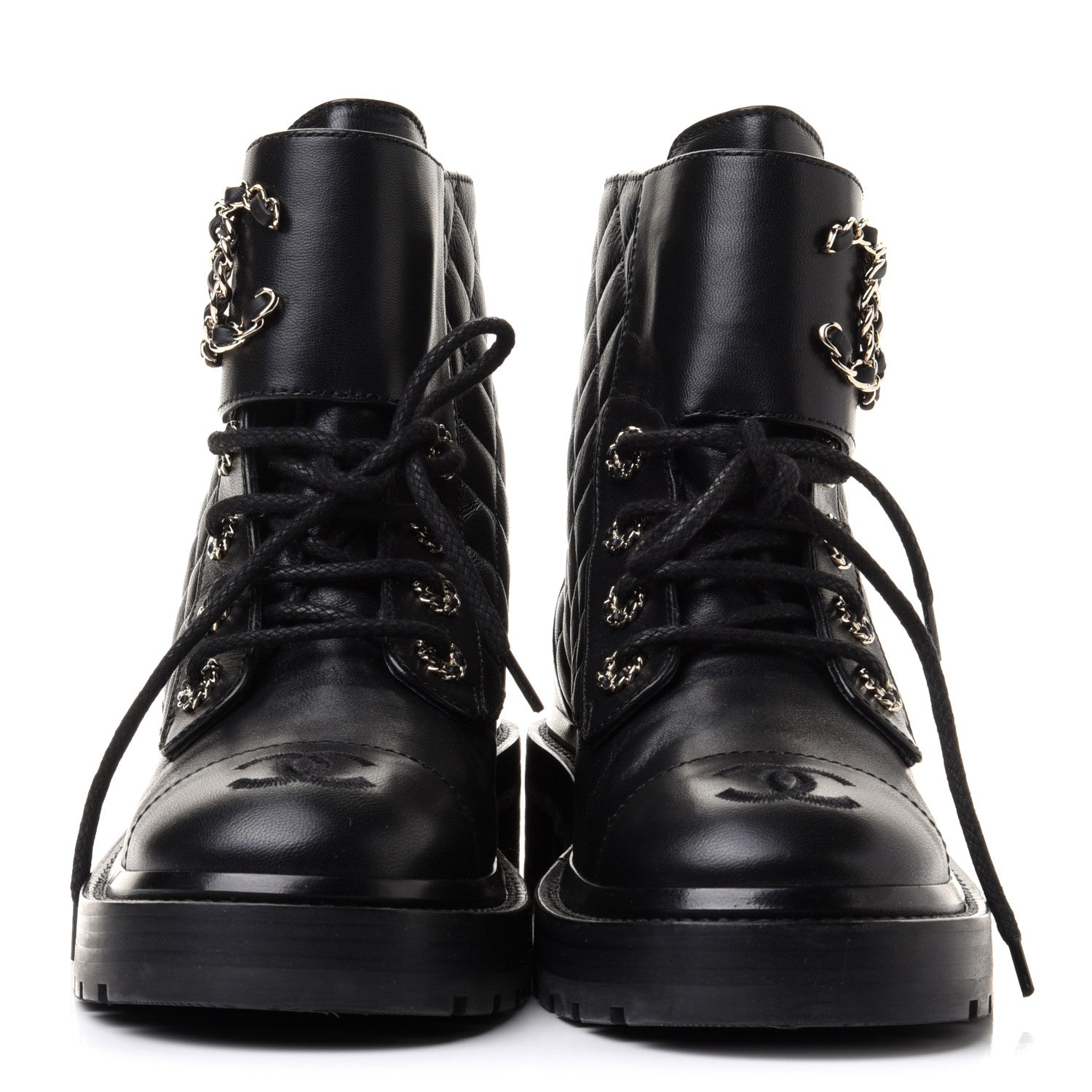 Chanel Shiny Lambskin Quilted Lace Up Combat Boots 36 Black 2 of 10