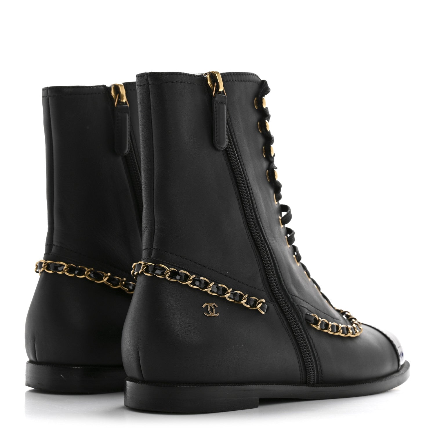 Chanel Calfskin Chain Lace Up Boots 36.5 Black 5 of 10