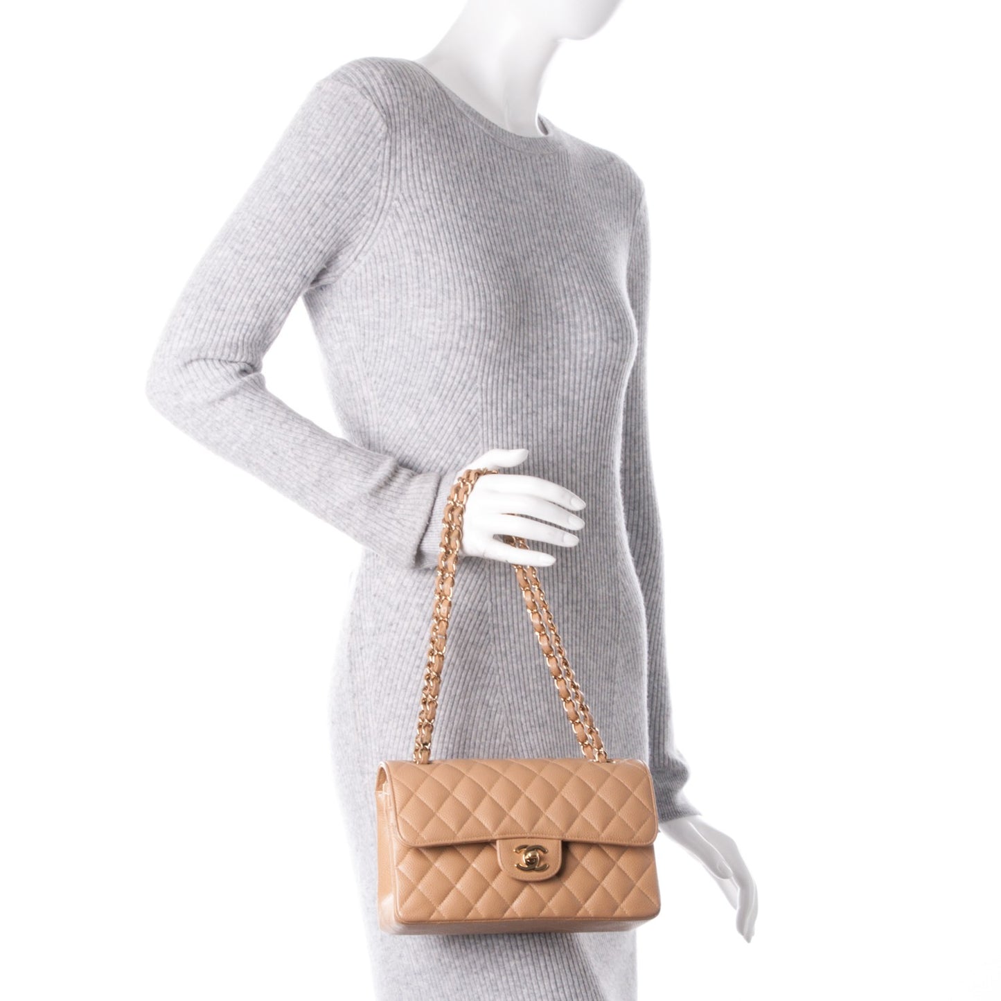 Caviar Quilted Small Double Flap Beige