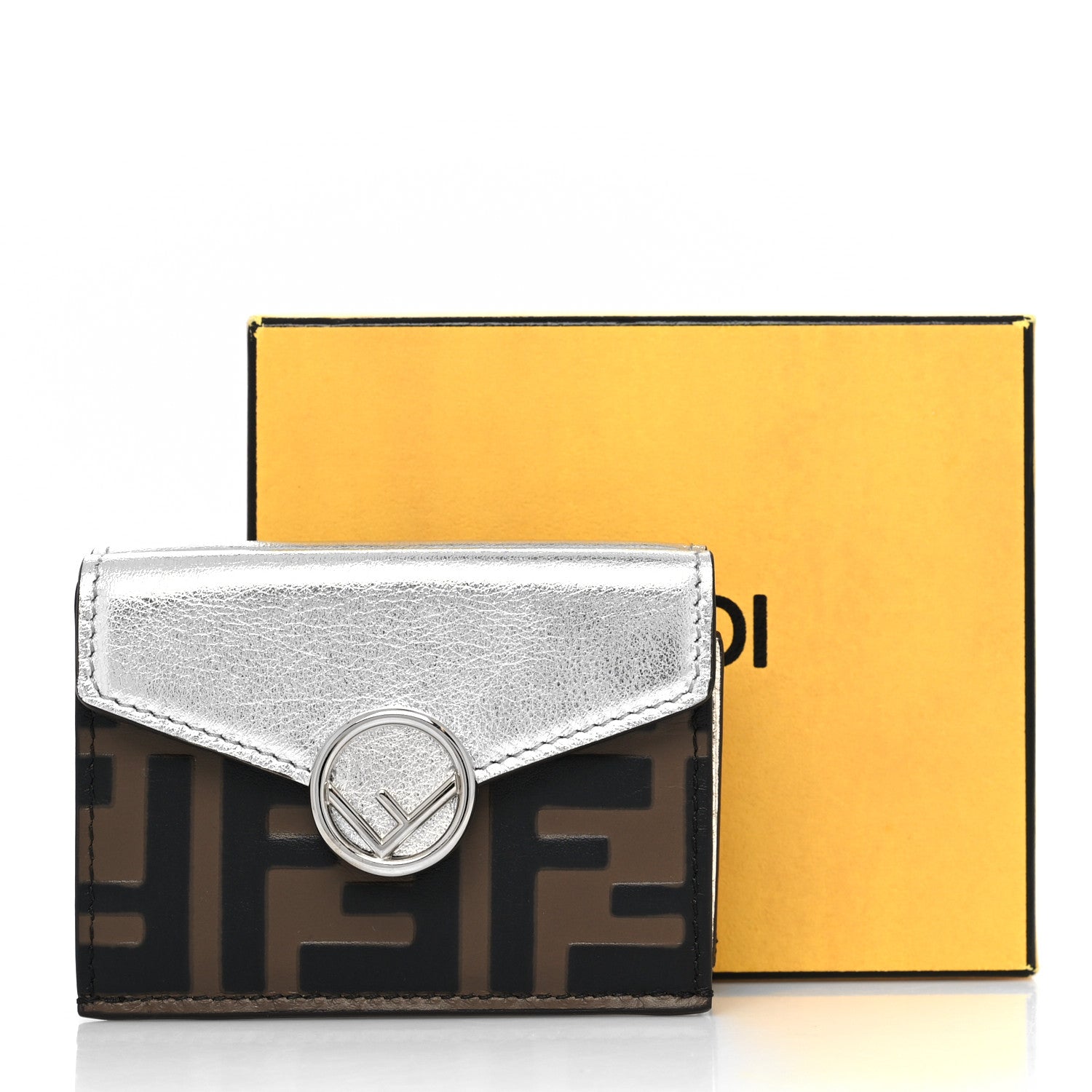 Fendi Vitello Soft Catalan Mirror F is Fendi Bi-Color FF 1974 Embossed Micro Tri-Fold Envelope Wallet Maya Black Argento 11 of 11