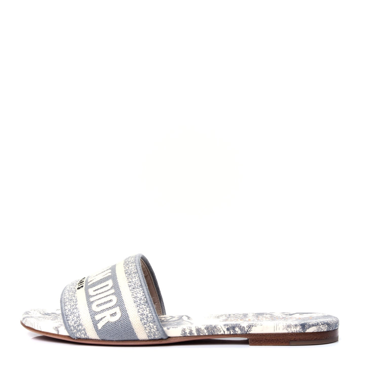 Canvas Toile de Jouy Embroidered Dway Flat Slide Sandals 36 Grey Stone
