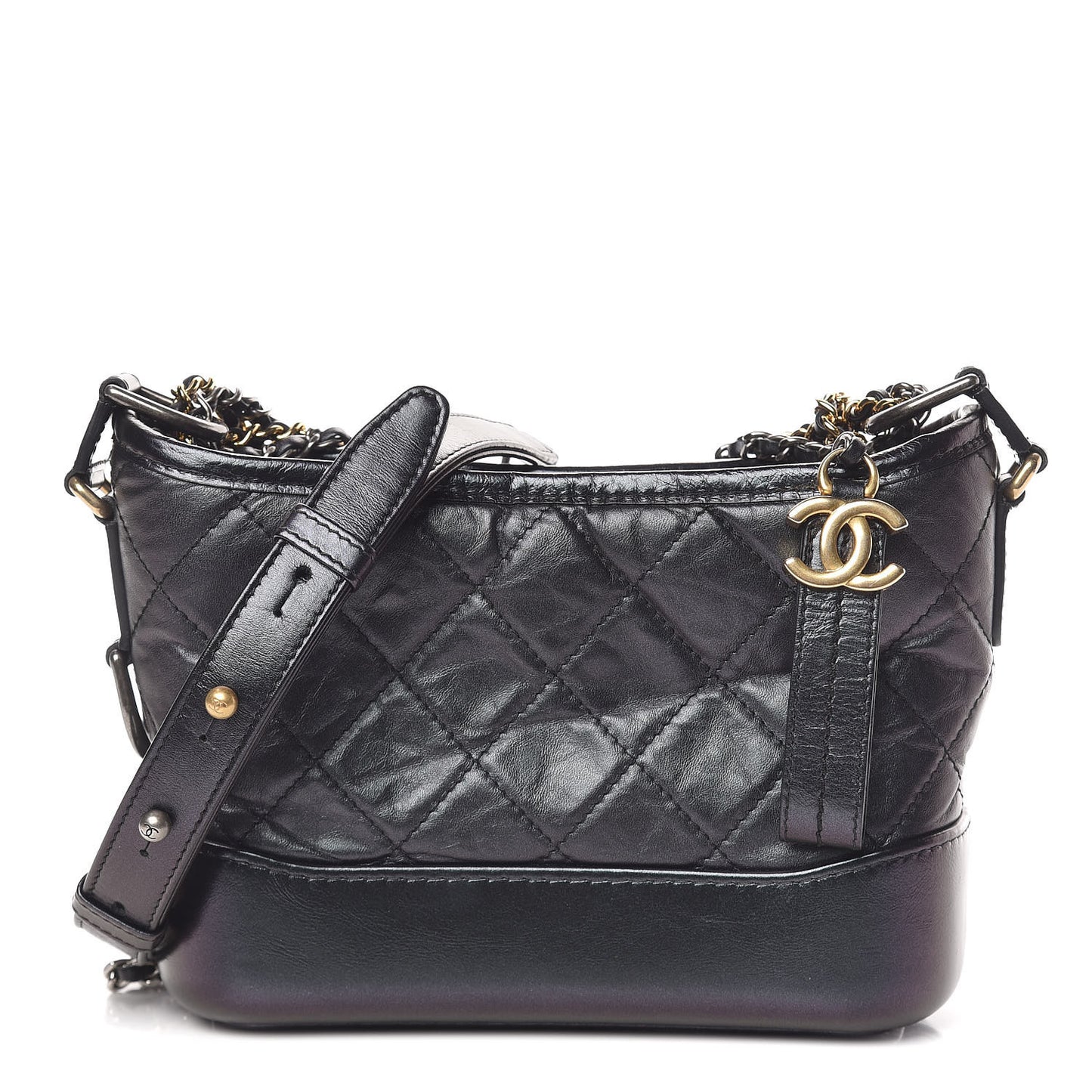 Iridescent Aged Calfskin Quilted Small Gabrielle Hobo Black