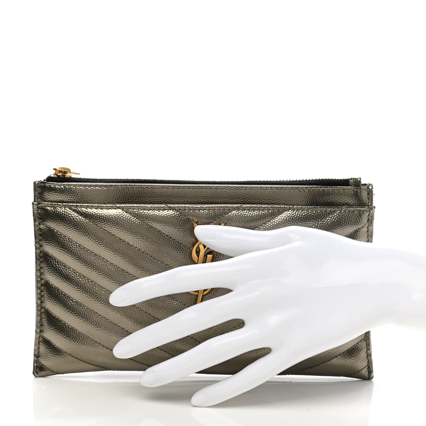 Metallic Grain De Poudre Matelasse Chevron Monogram Bill Pouch Piombo