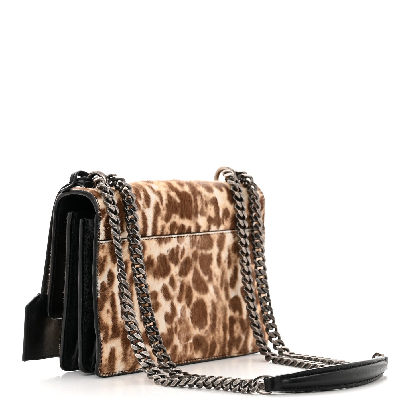 Calf Hair Leopard Print Monogram Small Sunset Chain Wallet Natural Black