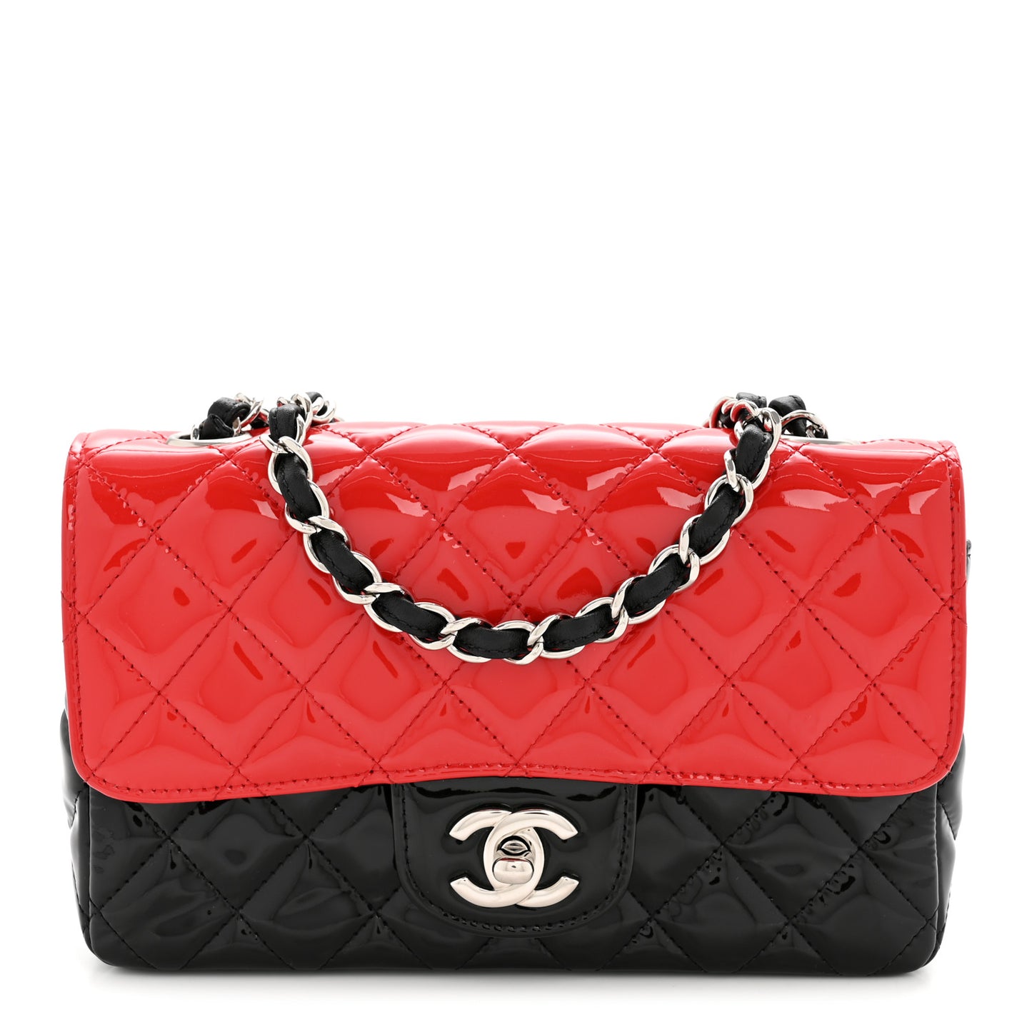 Patent Calfskin Quilted Bi-Color Mini Rectangular Flap Red Black