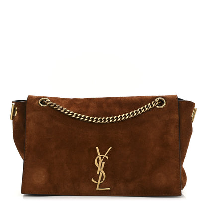 Saint Laurent Calfskin Crocodile Embossed Suede Medium Reversible Monogram Kate Satchel Military Taupe 3 of 19