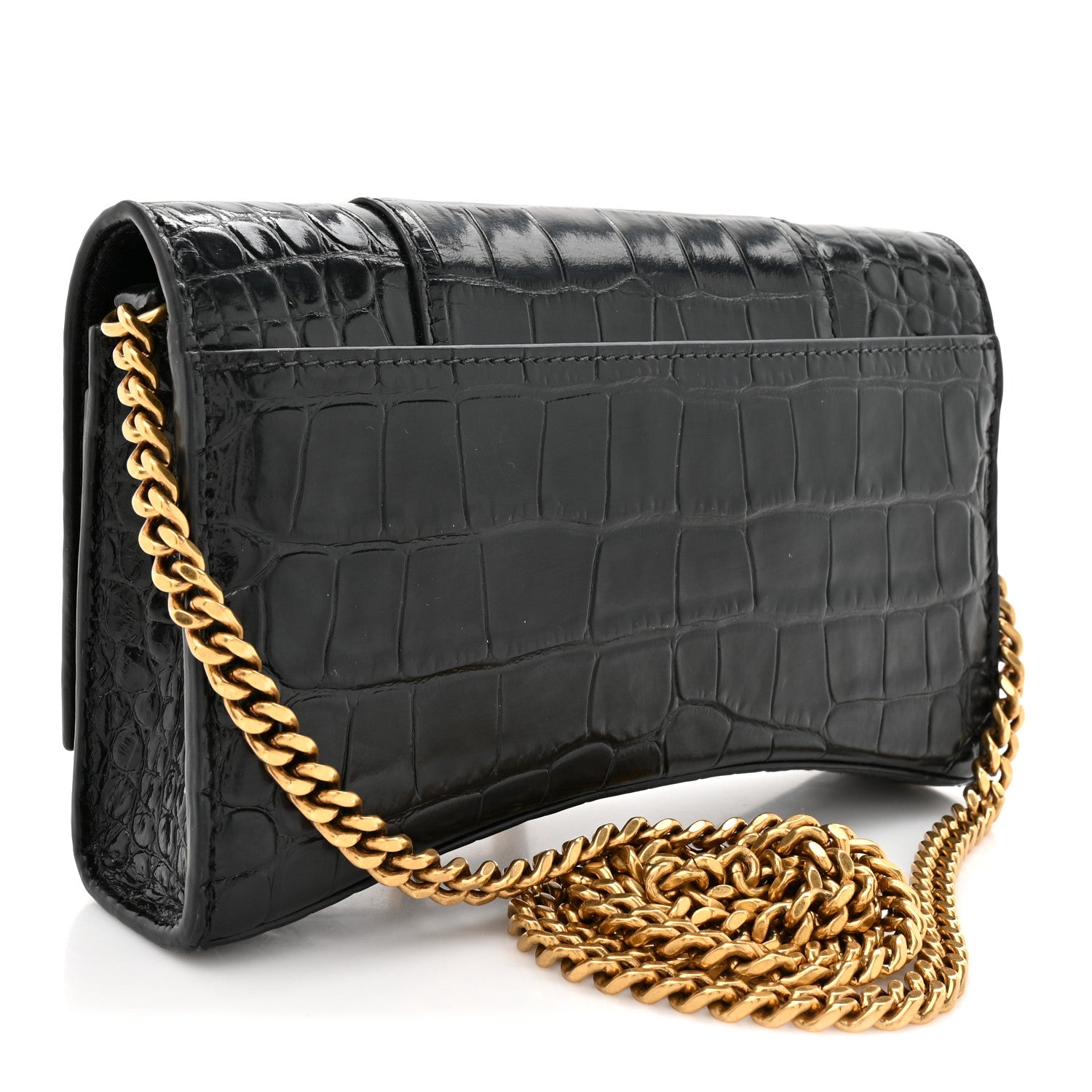 Balenciaga Shiny Calfskin Crocodile Embossed Hourglass Chain Bag Black 3 of 10