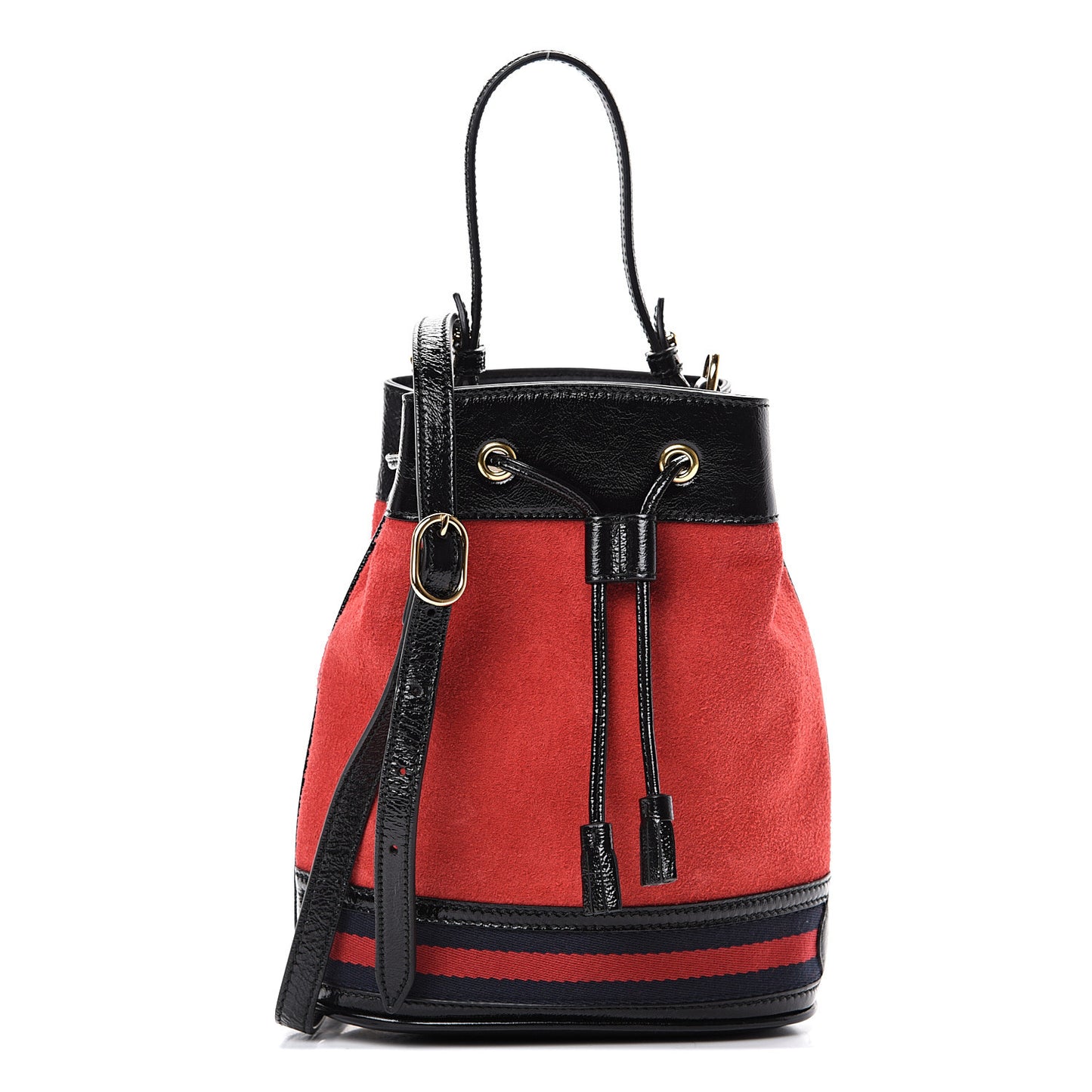 Suede Patent Web Small Ophidia Bucket Bag Hibiscus Red Black