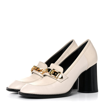 Gucci Goatskin Pebbled Calfskin Sylvie Chain Mid Heel Loafers 39.5 Mystic White 3 of 13