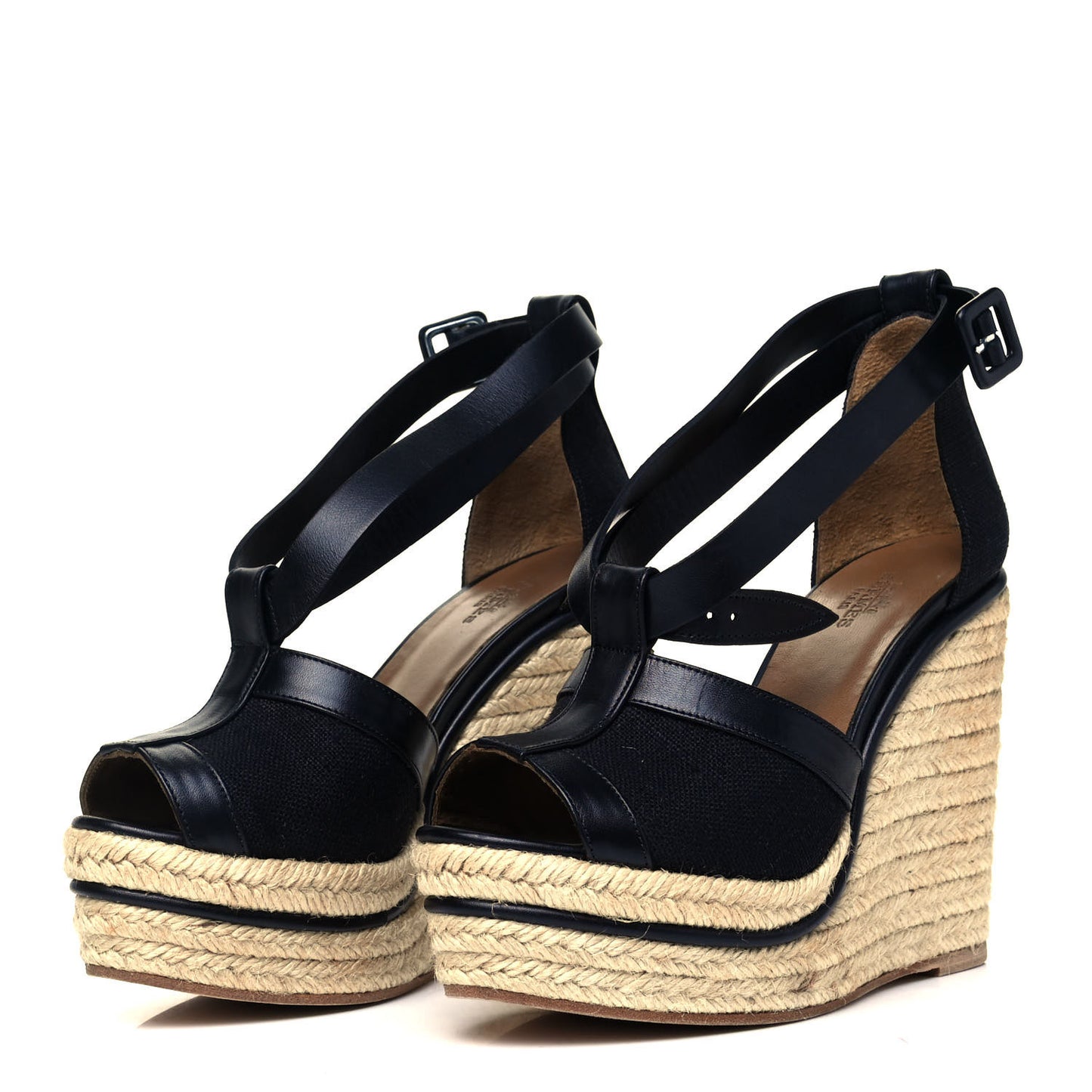 Canvas Calfskin Ibiza Espadrille Wedges 35 Black