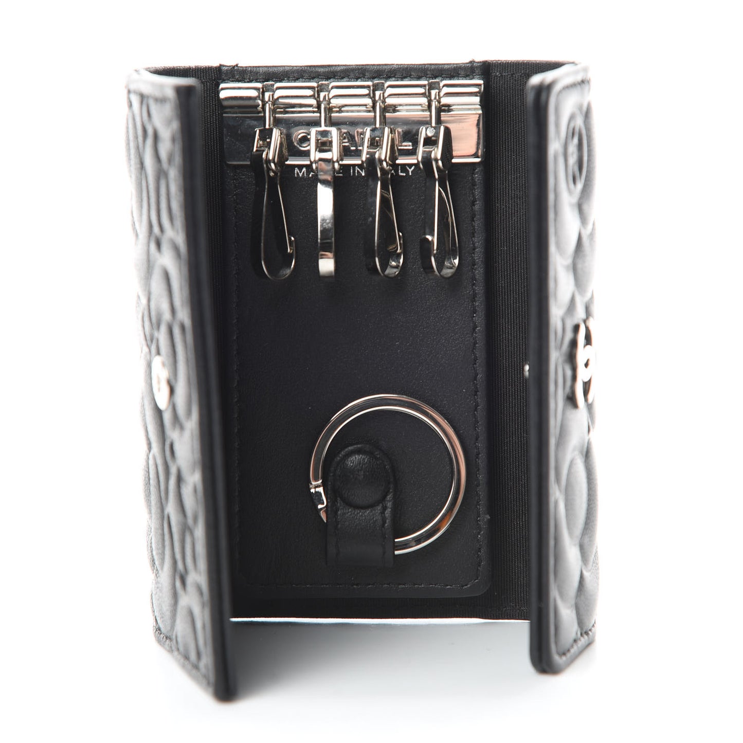 Goatskin Camellia Embossed 4 Key Holder Black