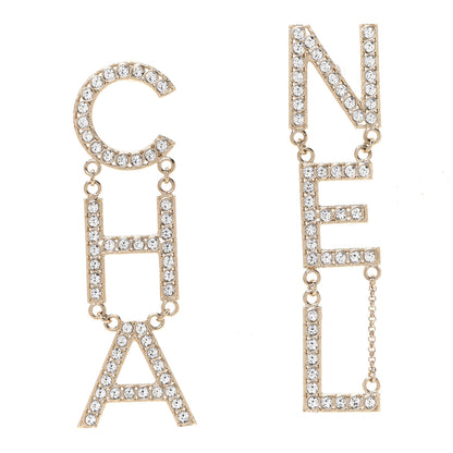 Chanel Crystal Cha-Nel Logo Drop Earrings Gold 1 of 5