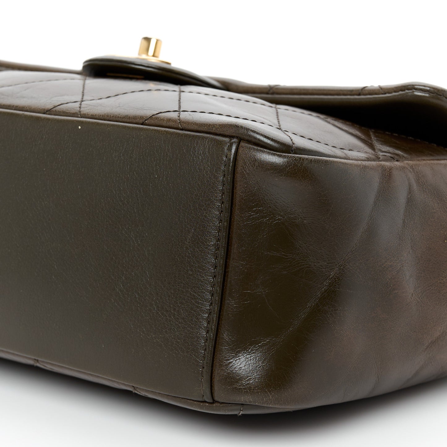 Calfskin Quilted Medium Gold Bar Top Handle Flap Dark Khaki