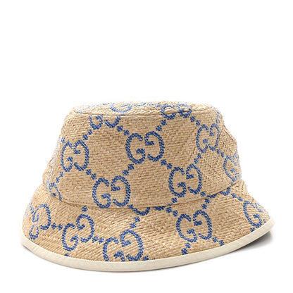 Gucci Raffia GG Monogram Embroidered Fedora Hat S Beige Blue 6 of 9