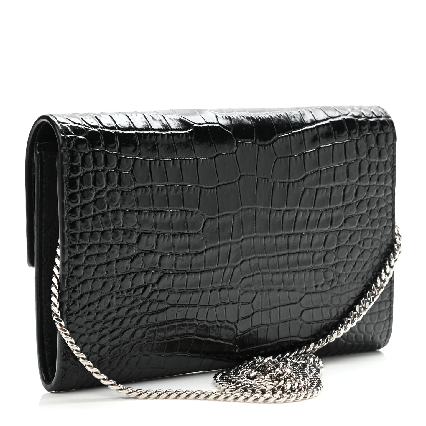 Calfskin Crocodile Embossed Monogram Uptown Chain Wallet Black