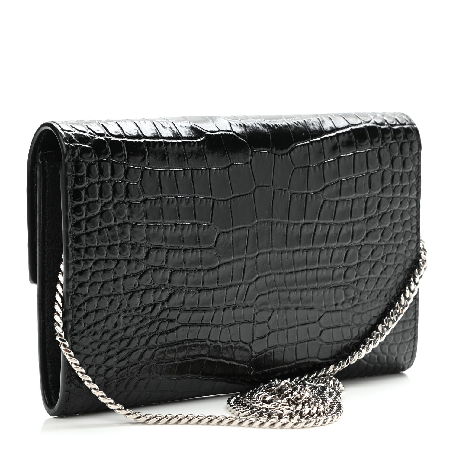 Saint Laurent Calfskin Crocodile Embossed Monogram Uptown Chain Wallet Black 3 of 10